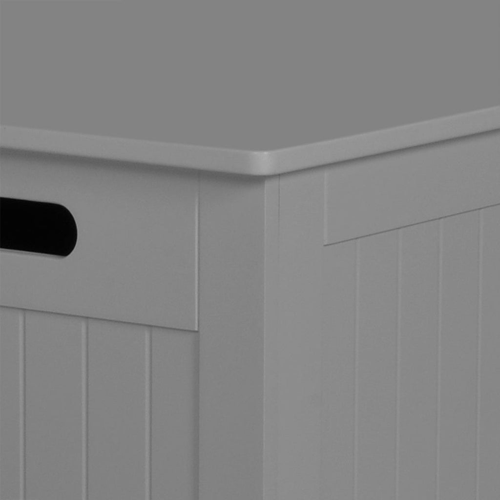 Grey wooden kids toy box storage chest with soft close hinges functioning as a bench — view 5