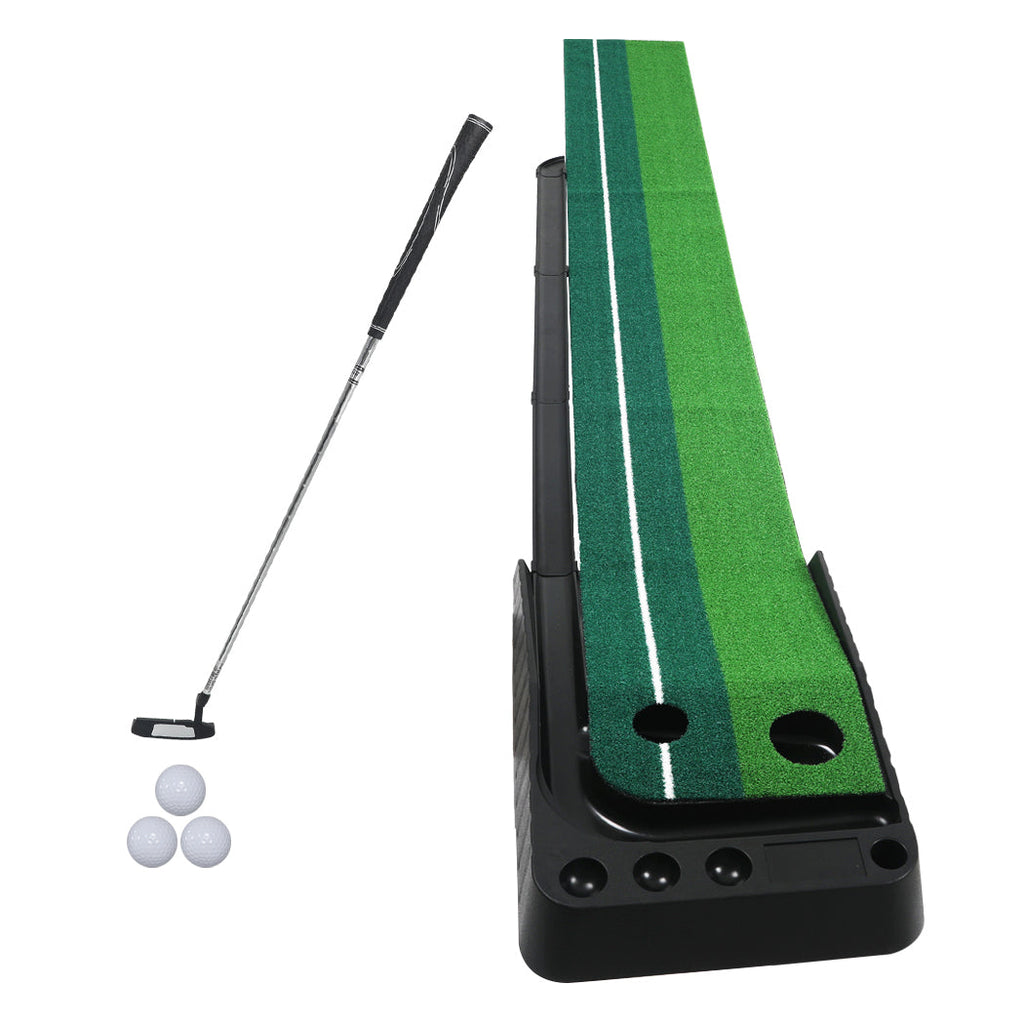 Portable green golf putting mat with ball return track, steel putter, and three white golf balls.
