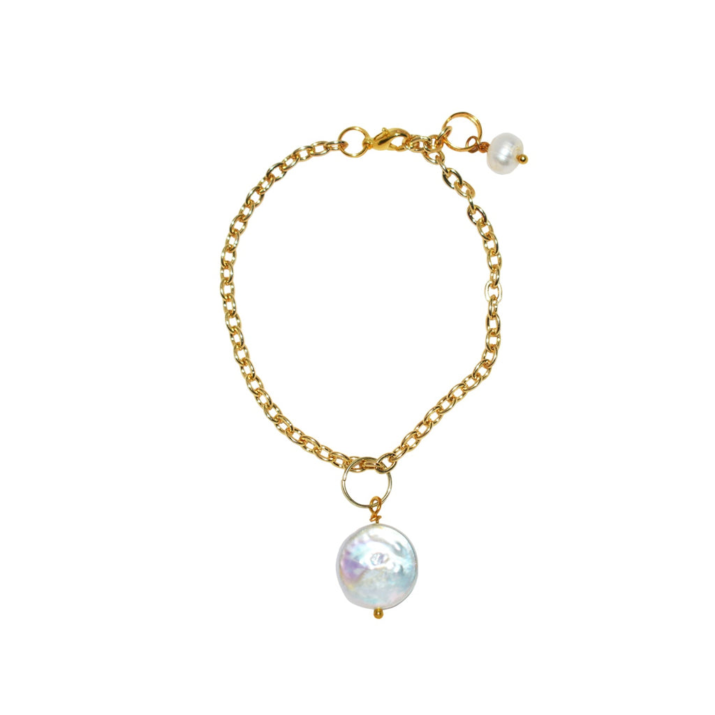 Simple coin pearl on a delicate gold plated chain adjustable bracelet and anklet jewelry piece