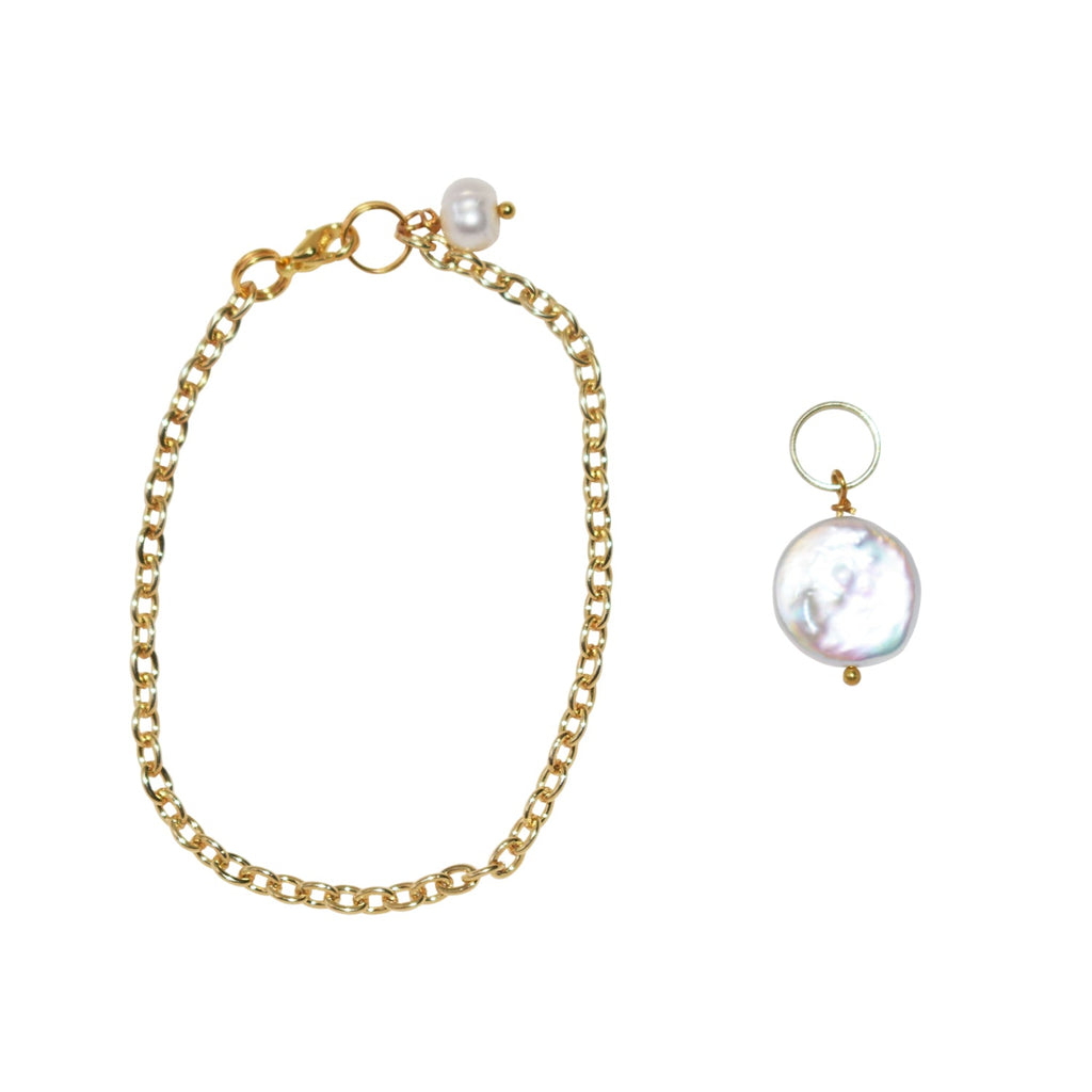 Simple coin pearl on a delicate gold plated chain adjustable bracelet and anklet jewelry piece — view 4