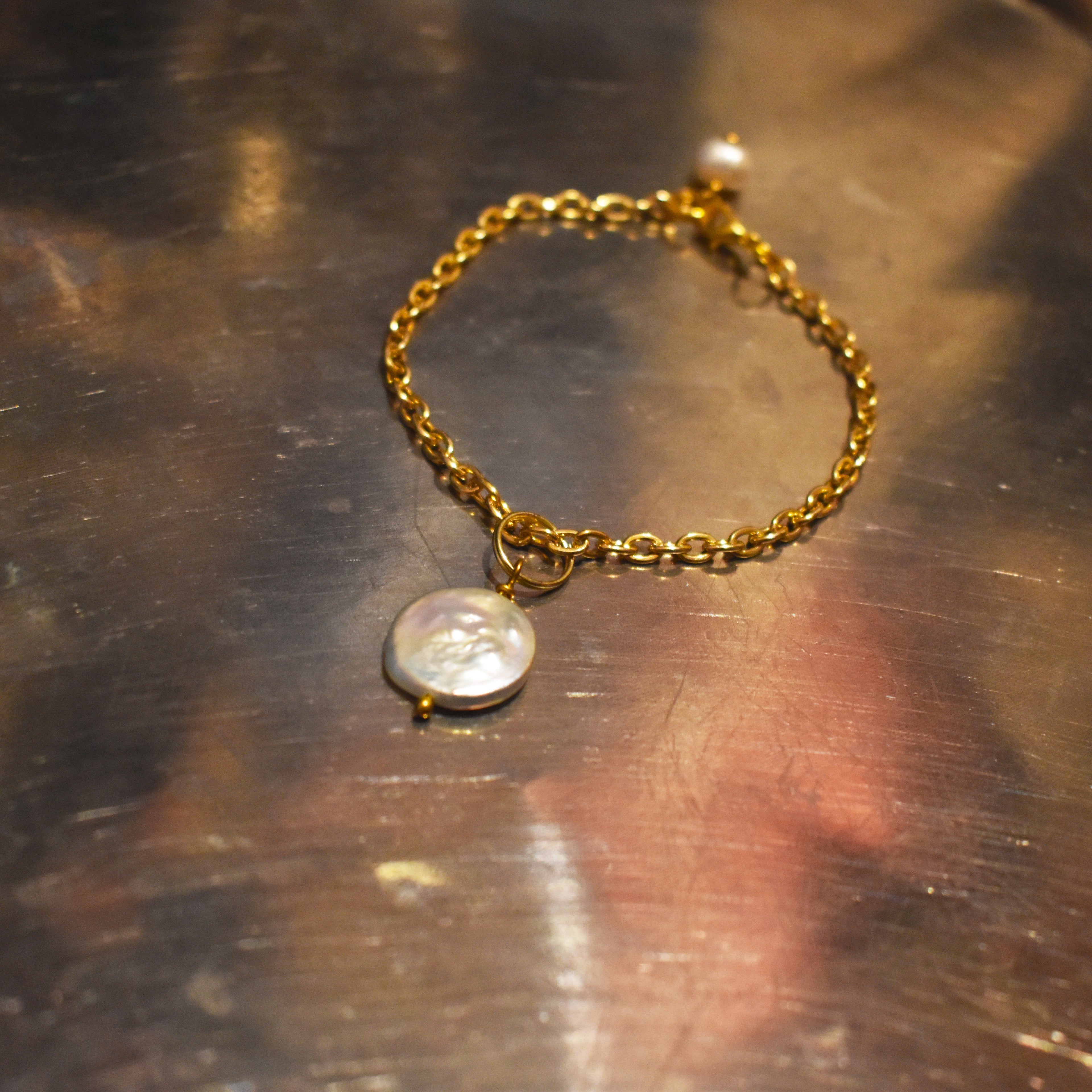 Simple coin pearl on a delicate gold plated chain adjustable bracelet and anklet jewelry piece — view 5