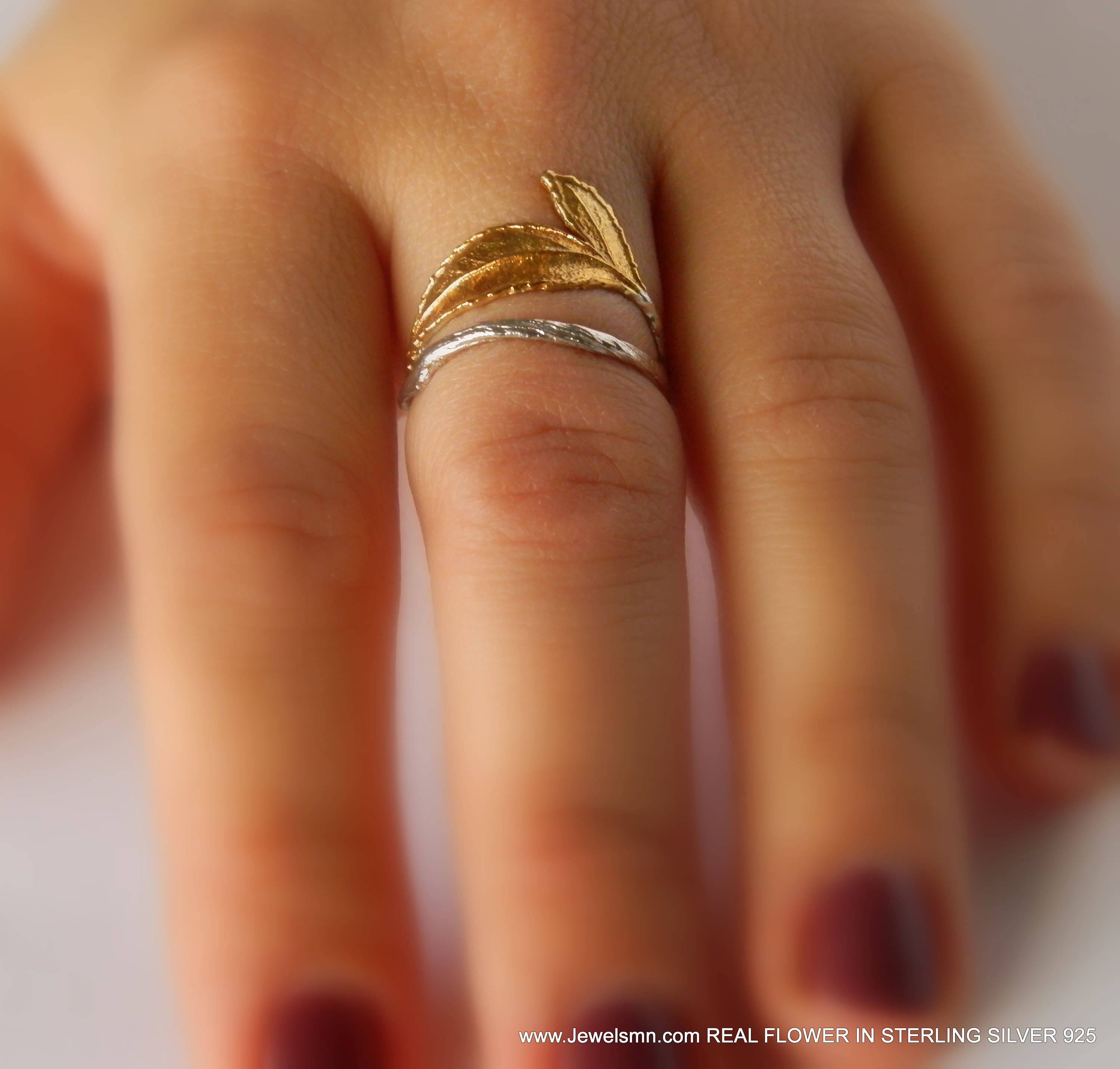 Gold and silver rose leaf ring crafted from real plant mold on a white background — view 3