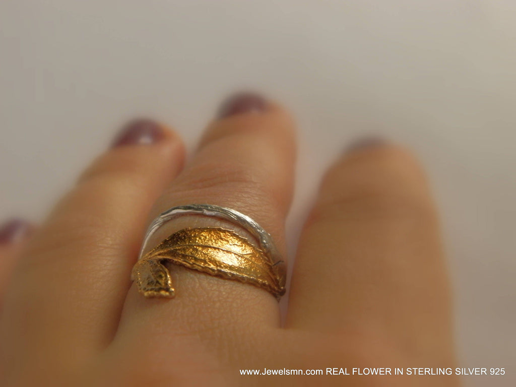 Gold and silver rose leaf ring crafted from real plant mold on a white background — view 2