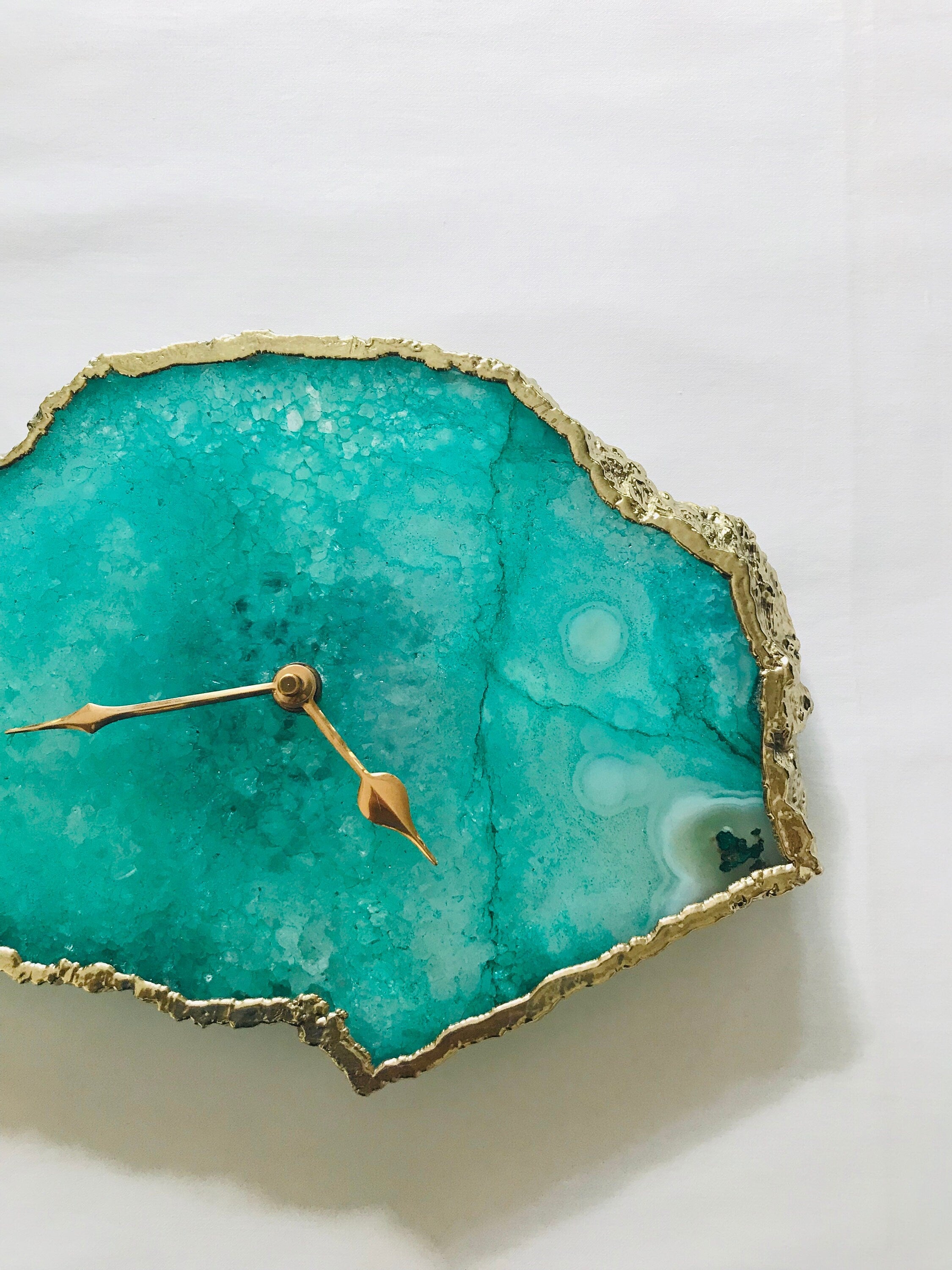 Aqua agate desk and wall clock with electroplated gold edges and modern brass hands — view 2