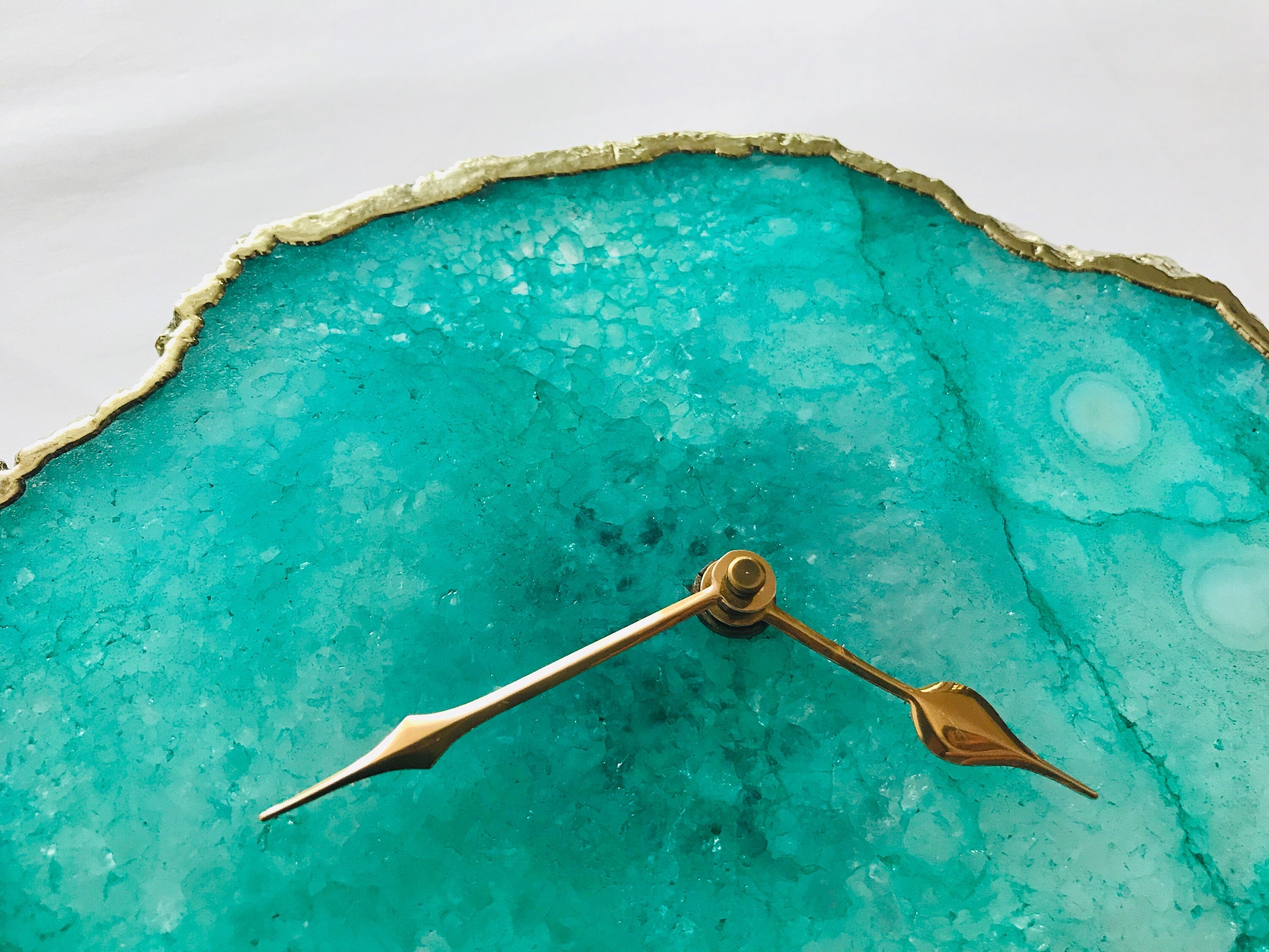Aqua agate desk and wall clock with electroplated gold edges and modern brass hands — view 5