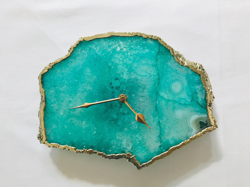 Aqua agate desk and wall clock with electroplated gold edges and modern brass hands