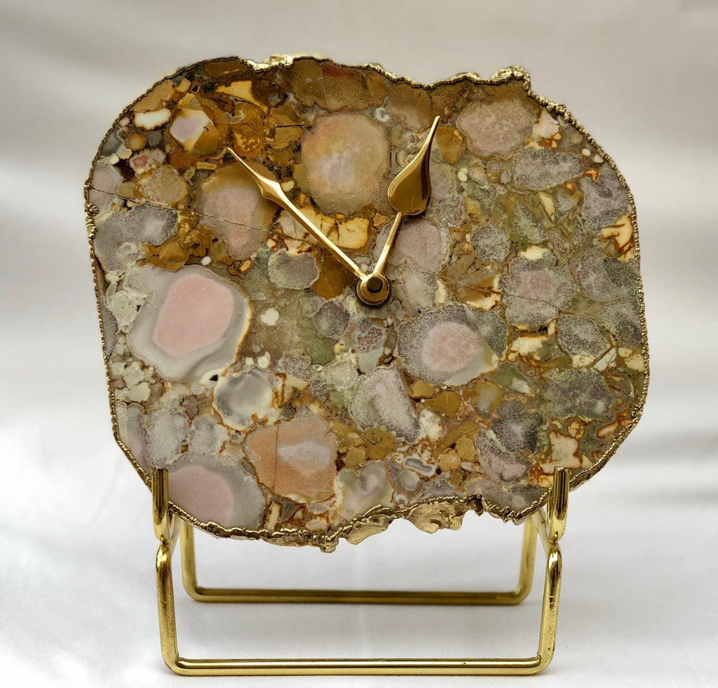 Conglomerate quartz desk clock with electroplated gold edges and brass hands on a metal base — view 3