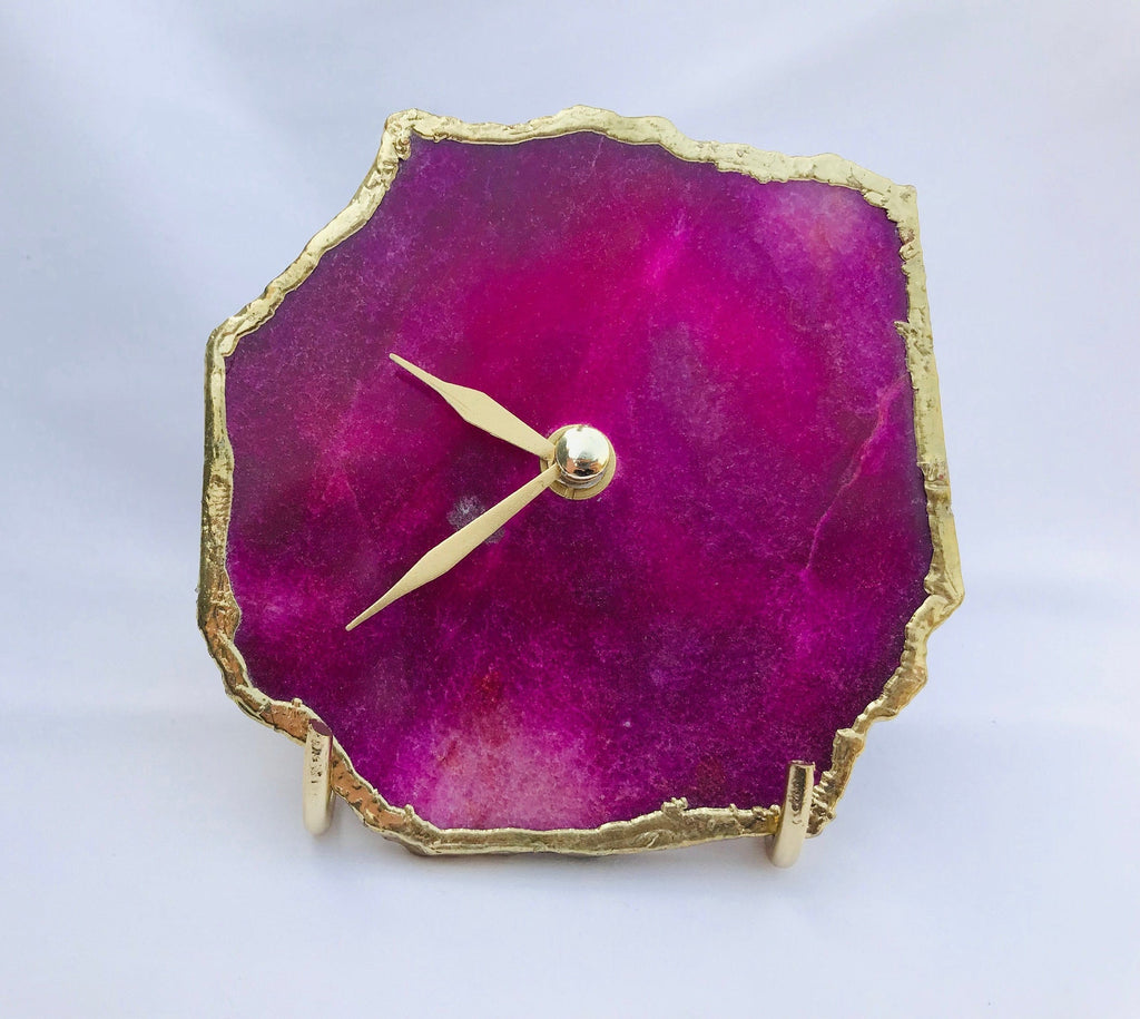 Magenta agate aventurine desk clock with gold electroplated edges and modern brass hands