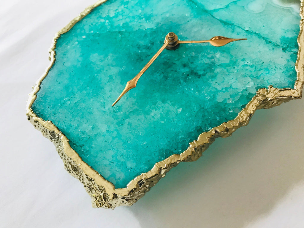 Aqua agate desk and wall clock with electroplated gold edges and modern brass hands — view 4
