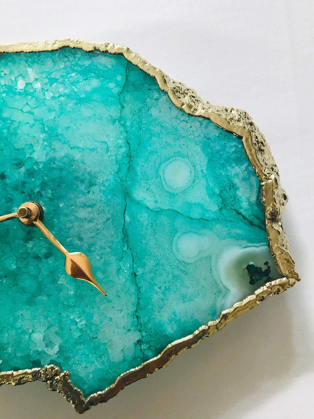 Aqua agate desk and wall clock with electroplated gold edges and modern brass hands — view 3