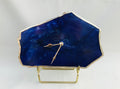 Irregular indigo blue agate quartz clock with electroplated gold edges and modern brass finish hands
