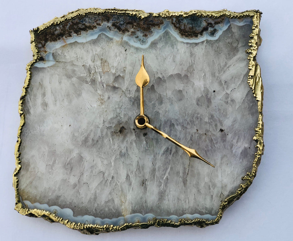 Grey agate wall and desk clock with gold electroplated edges and brass hands. — view 2