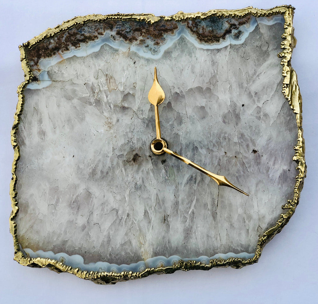 Grey agate wall and desk clock with gold electroplated edges and brass hands. — view 3