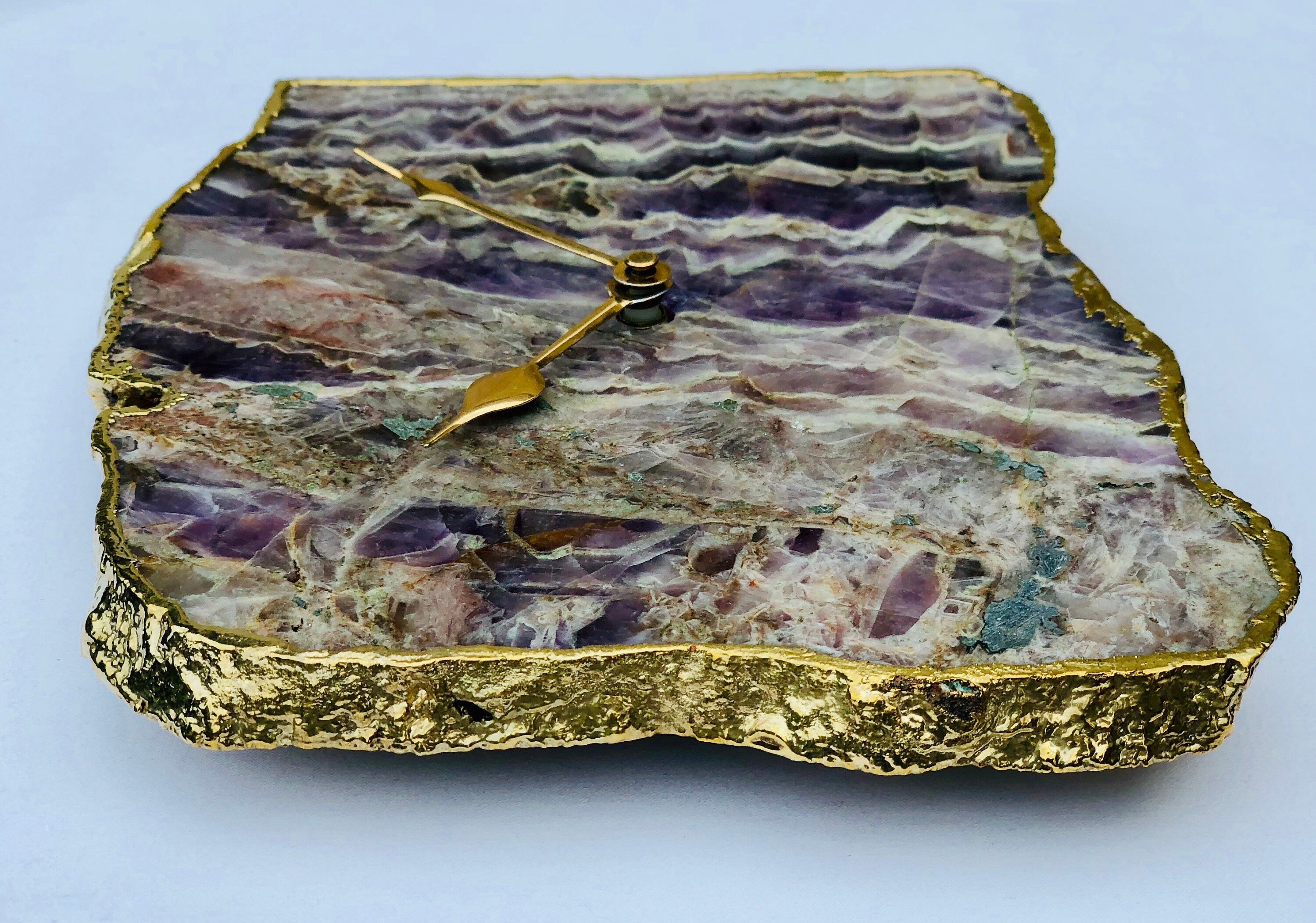 Irregular shaped natural purple amethyst quartz clock with gold electroplated edges and modern brass hands — view 3
