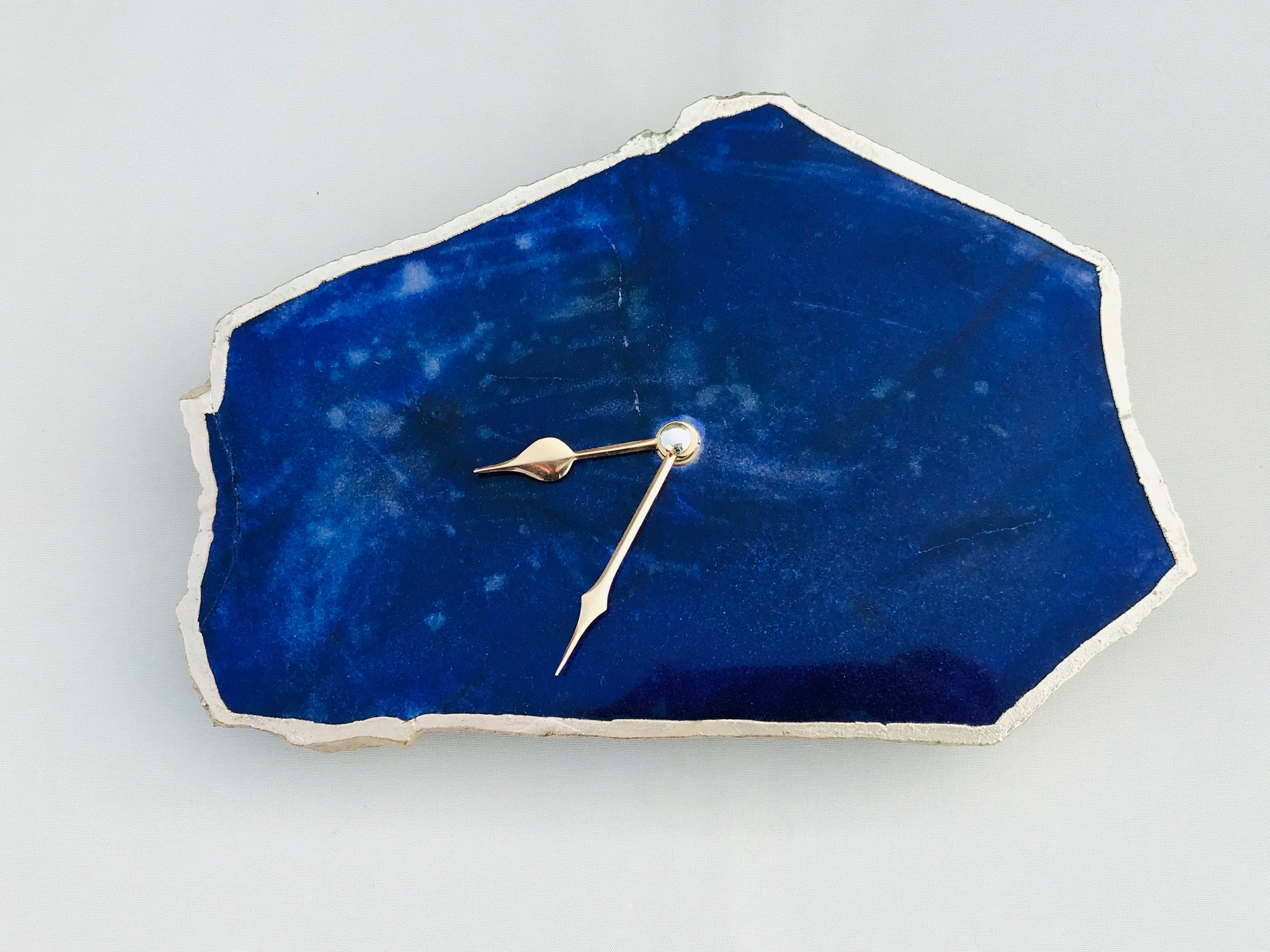Irregular indigo blue agate quartz clock with electroplated gold edges and modern brass finish hands — view 2