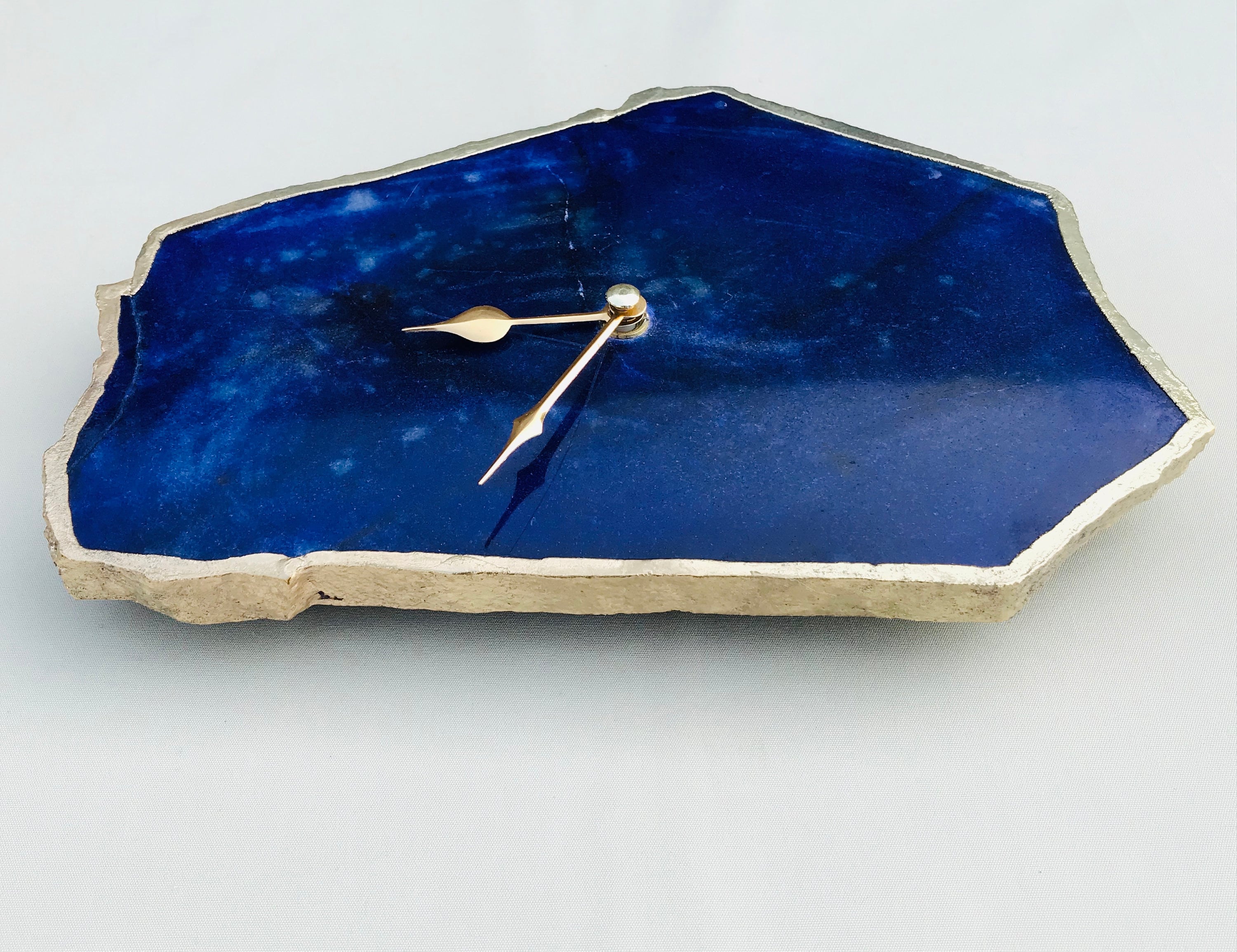 Irregular indigo blue agate quartz clock with electroplated gold edges and modern brass finish hands — view 3
