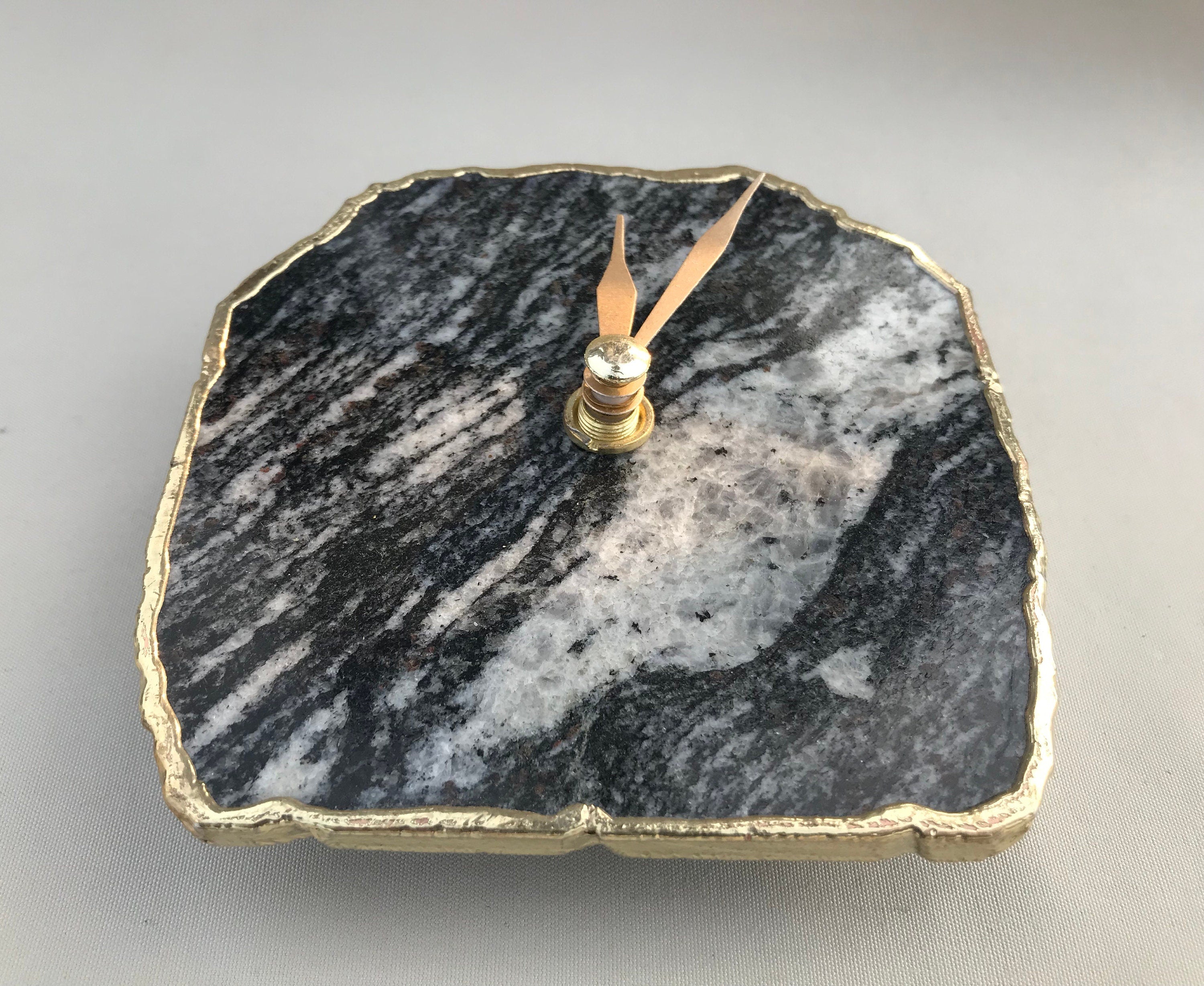 Black and white zebra agate desk clock with metallic gold edges and brass hands — view 3