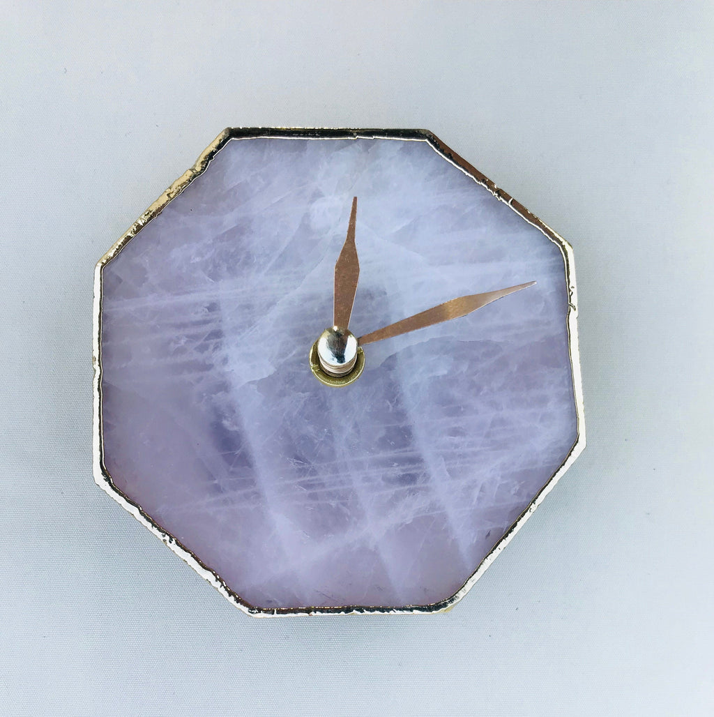 Rose quartz octagon desk clock with metallic gold edges brass hands and matching stand — view 3