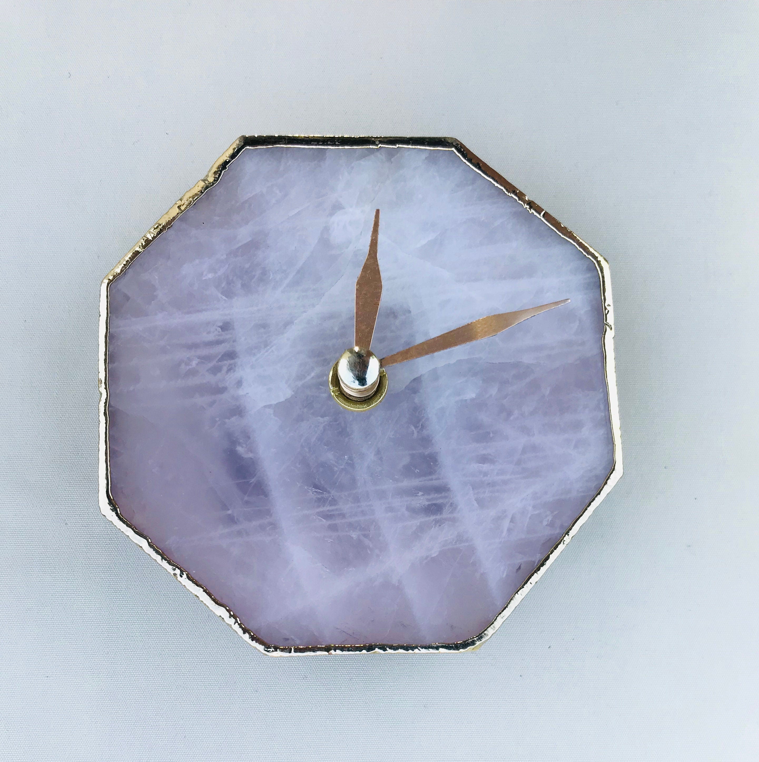 Rose quartz octagon desk clock with metallic gold edges brass hands and matching stand — view 3