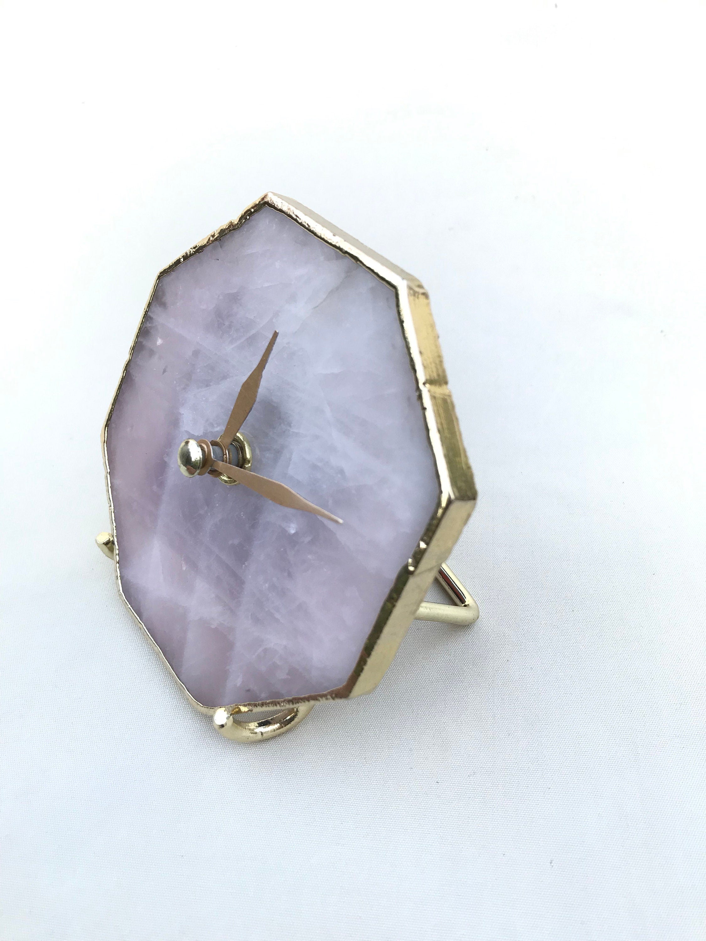 Rose quartz octagon desk clock with metallic gold edges brass hands and matching stand — view 2