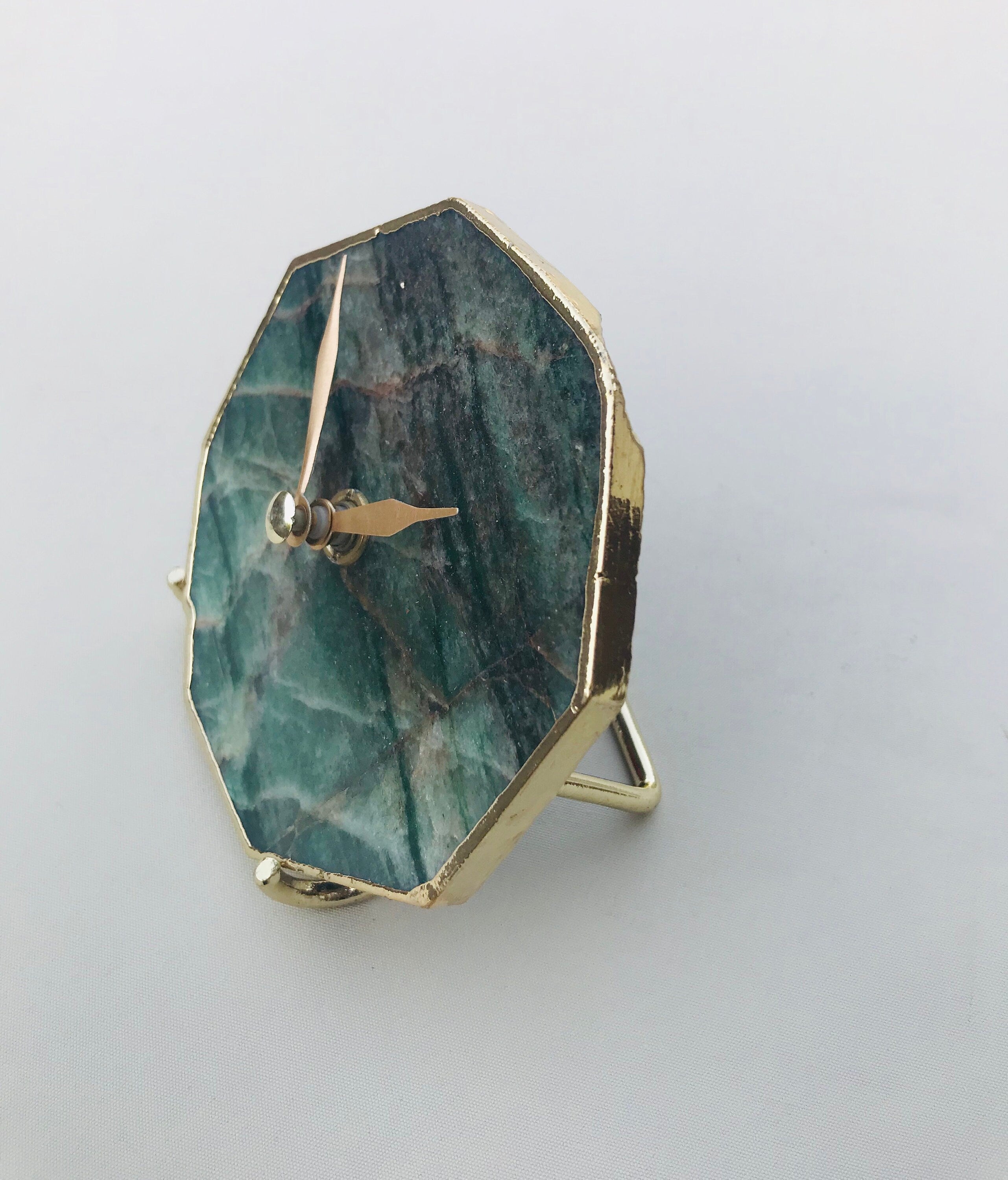 Sage green agate octagon desk and wall clock with metallic gold edges and modern brass hands — view 2