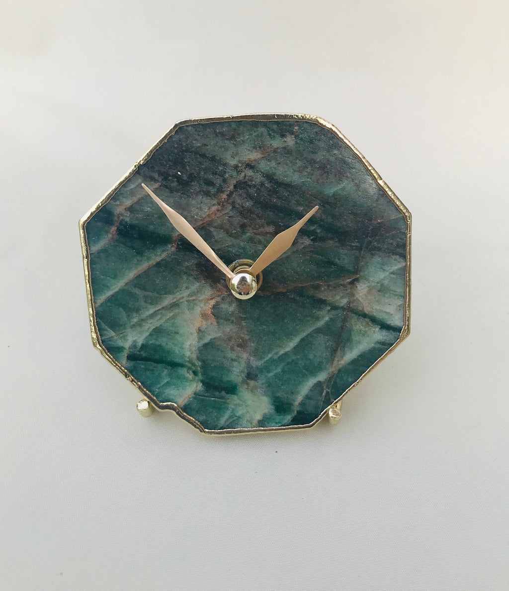 Sage green agate octagon desk and wall clock with metallic gold edges and modern brass hands