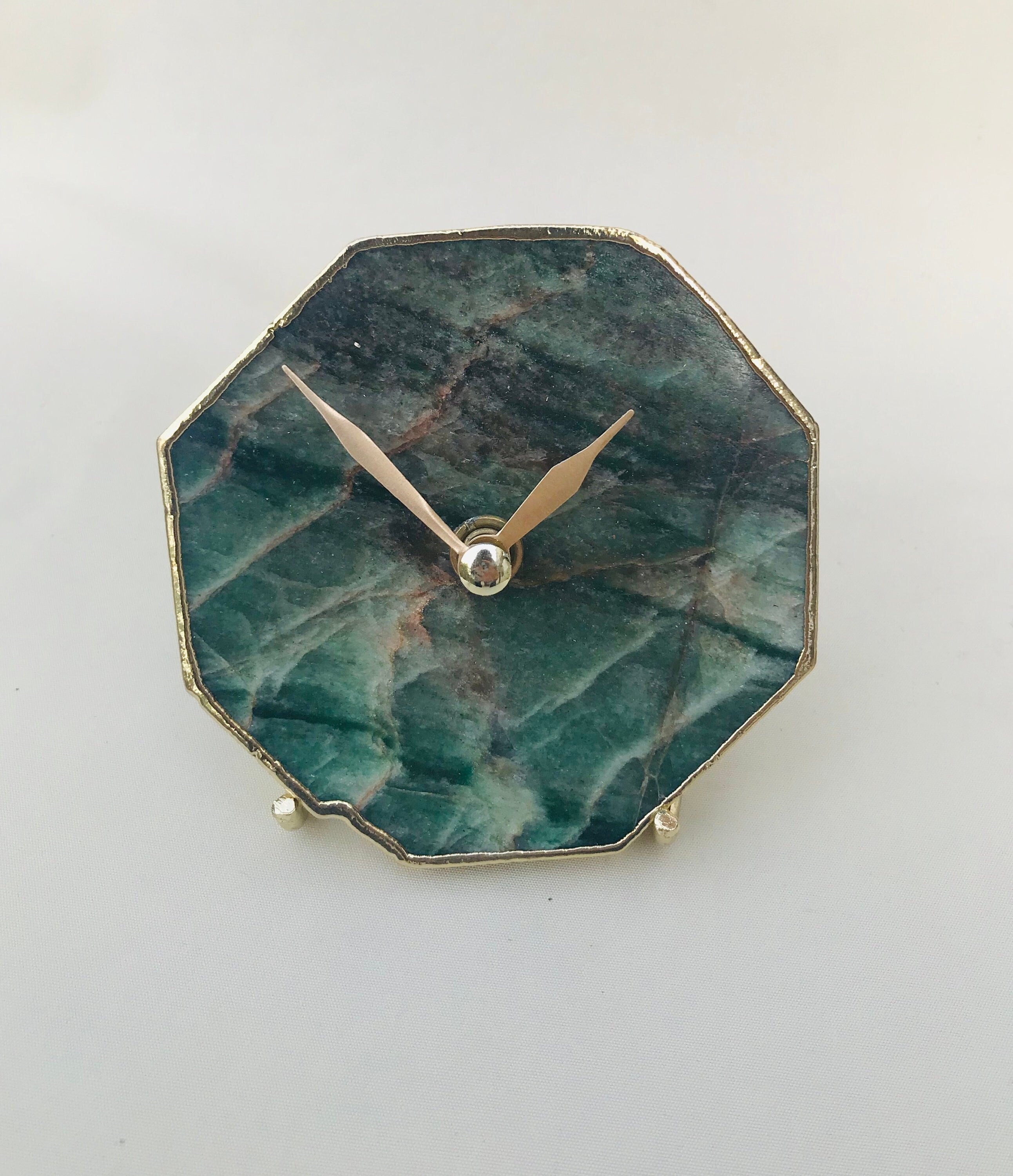 Sage green agate octagon desk and wall clock with metallic gold edges and modern brass hands