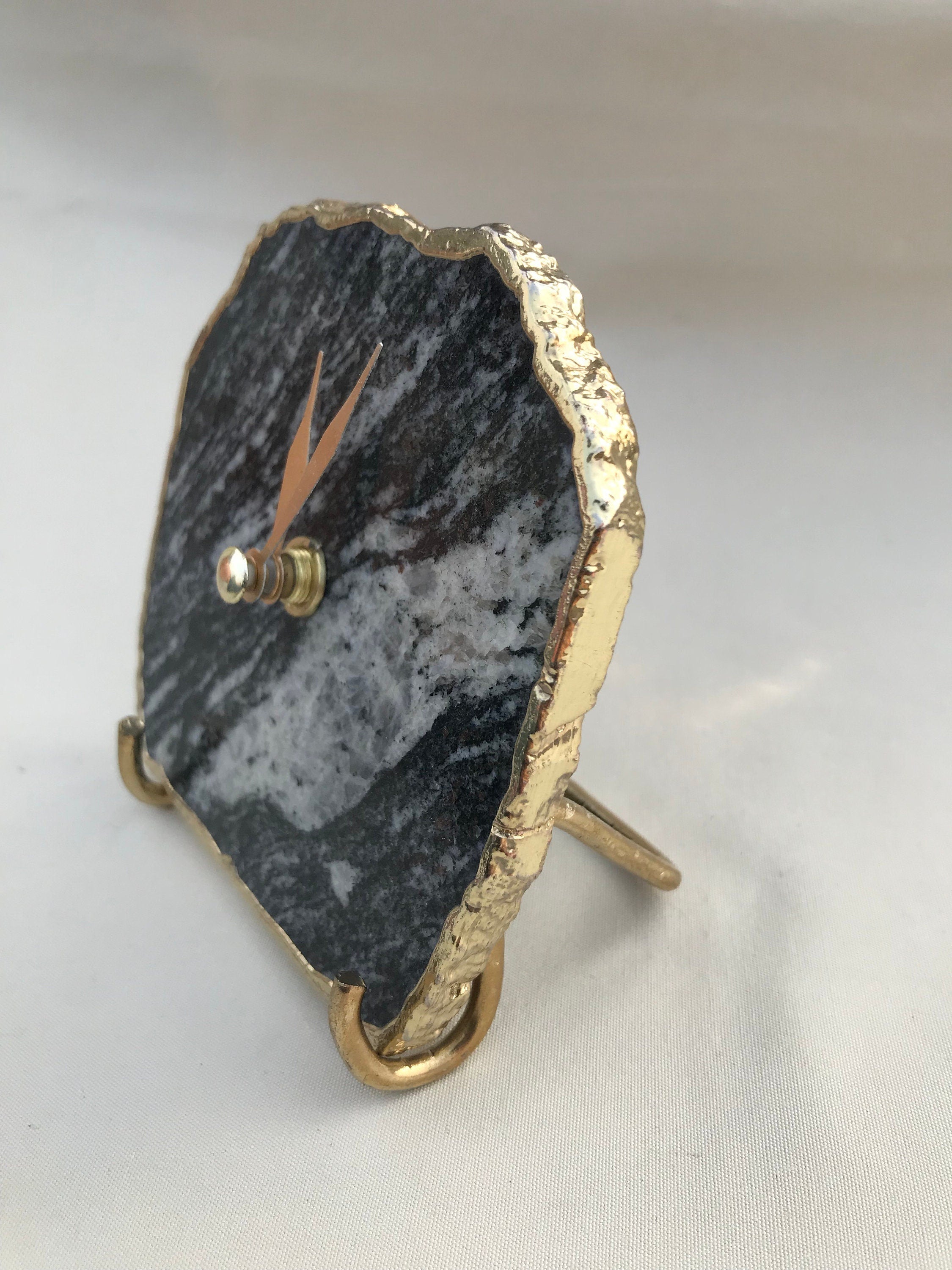 Black and white zebra agate desk clock with metallic gold edges and brass hands — view 4