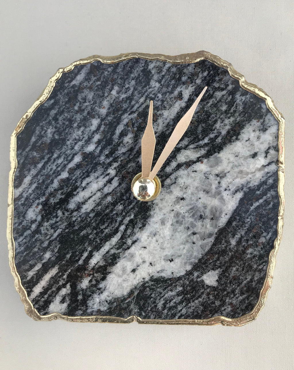 Black and white zebra agate desk clock with metallic gold edges and brass hands — view 2
