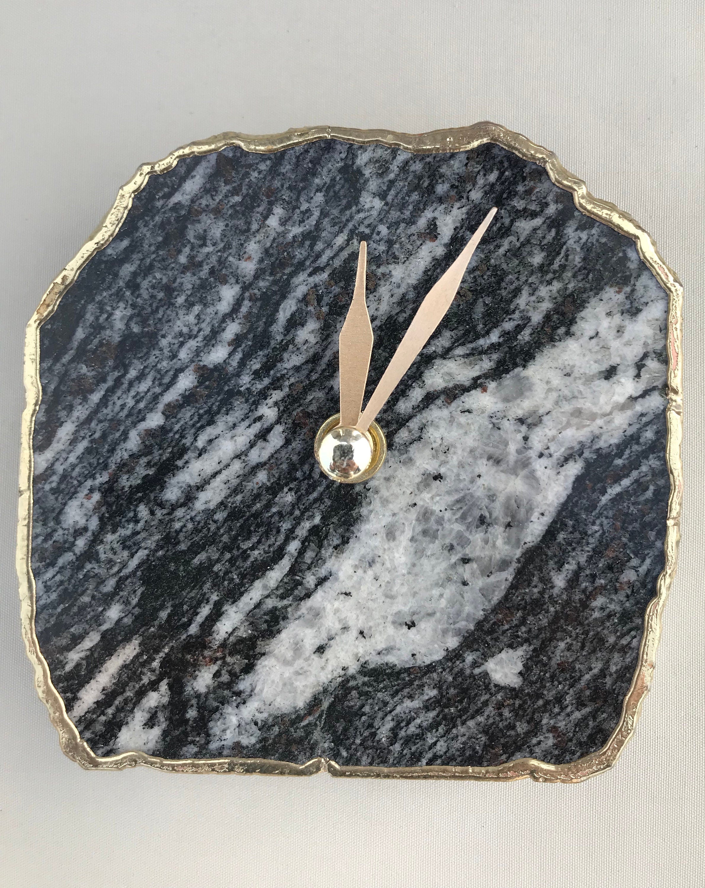 Black and white zebra agate desk clock with metallic gold edges and brass hands — view 2