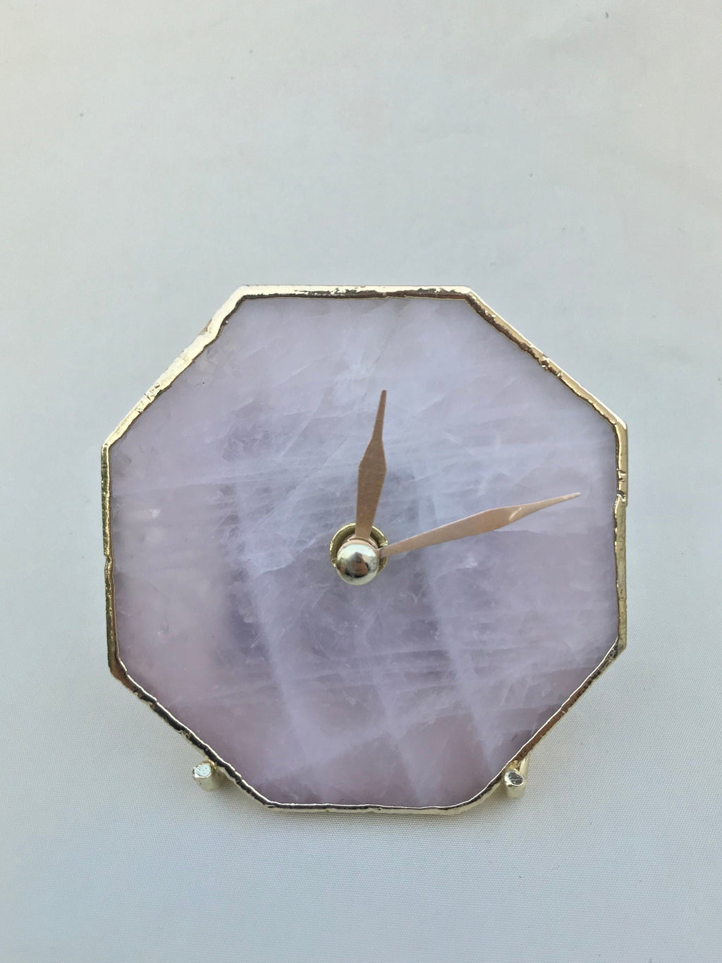 Rose quartz octagon desk clock with metallic gold edges brass hands and matching stand