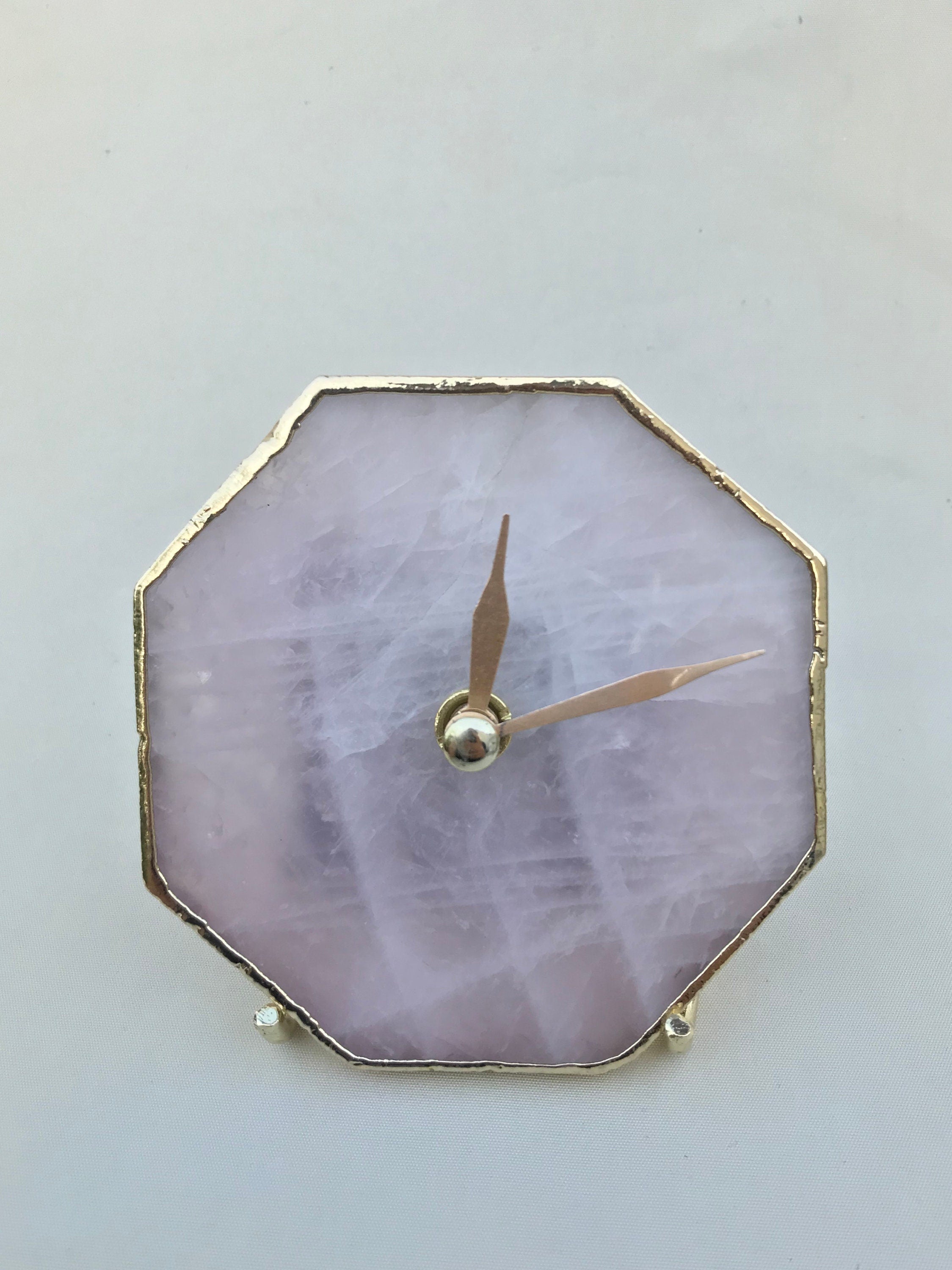 Rose quartz octagon desk clock with metallic gold edges brass hands and matching stand