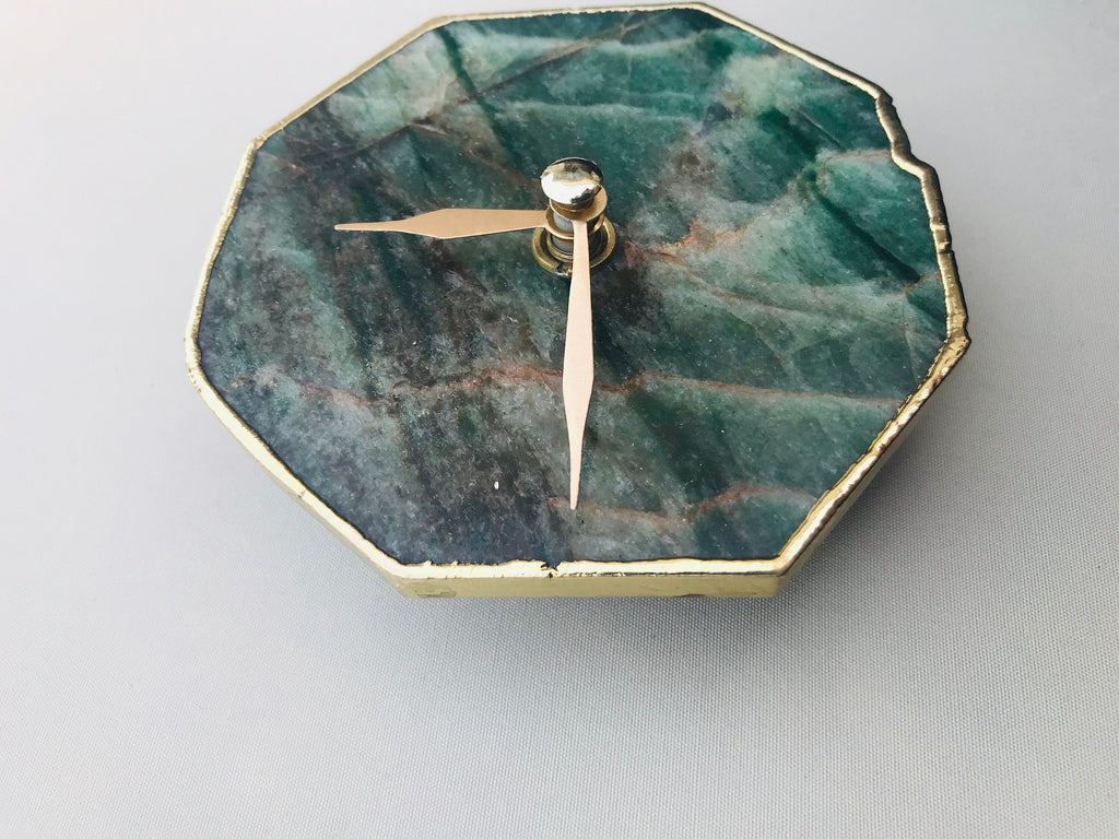 Sage green agate octagon desk and wall clock with metallic gold edges and modern brass hands — view 5