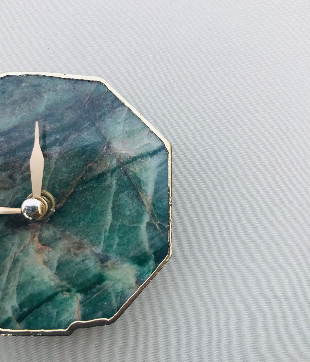 Sage green agate octagon desk and wall clock with metallic gold edges and modern brass hands — view 4