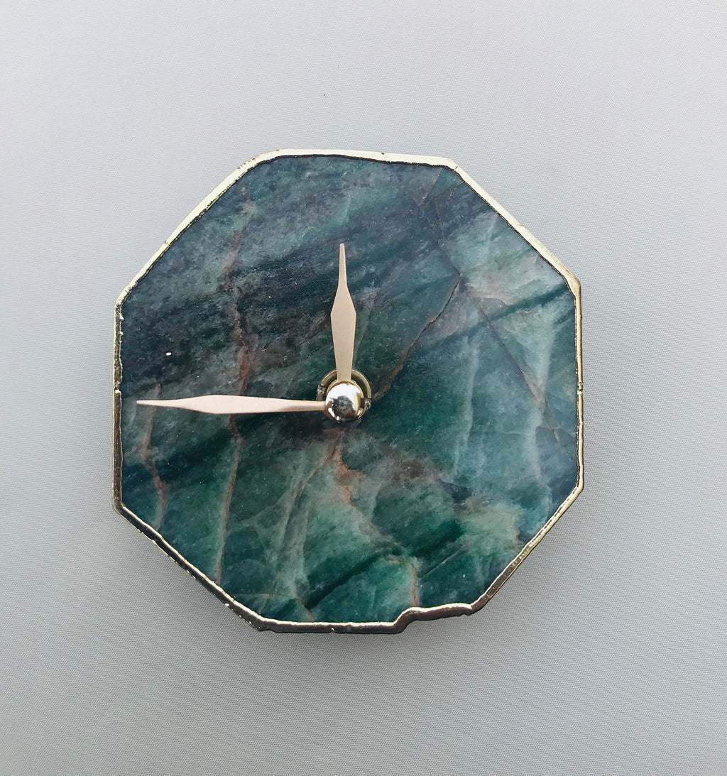 Sage green agate octagon desk and wall clock with metallic gold edges and modern brass hands — view 3