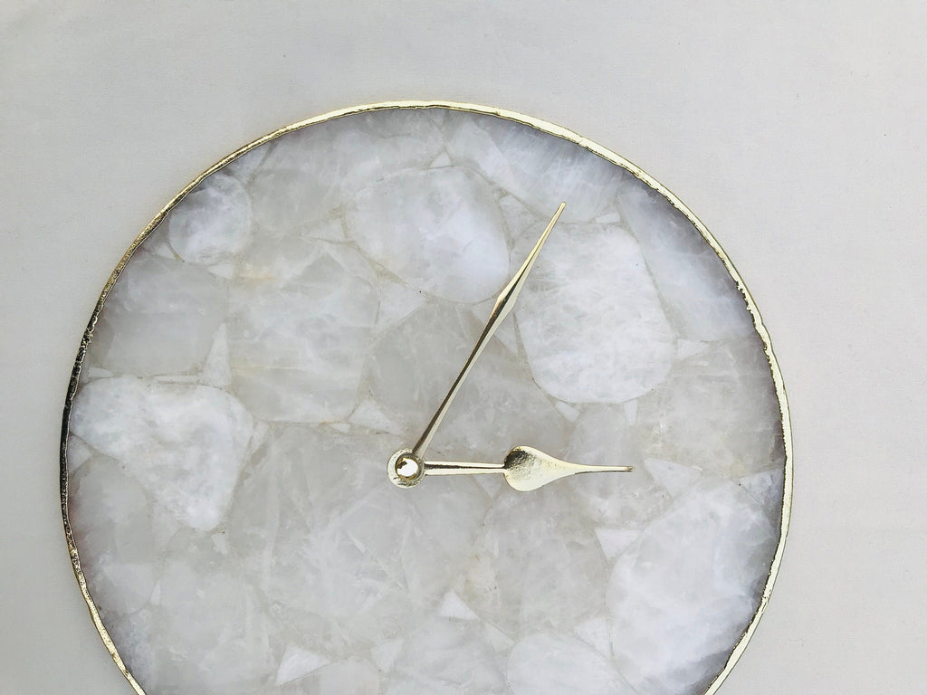 Clear crystal agate wall clock with gold electroplated edges and modern brass hands — view 2
