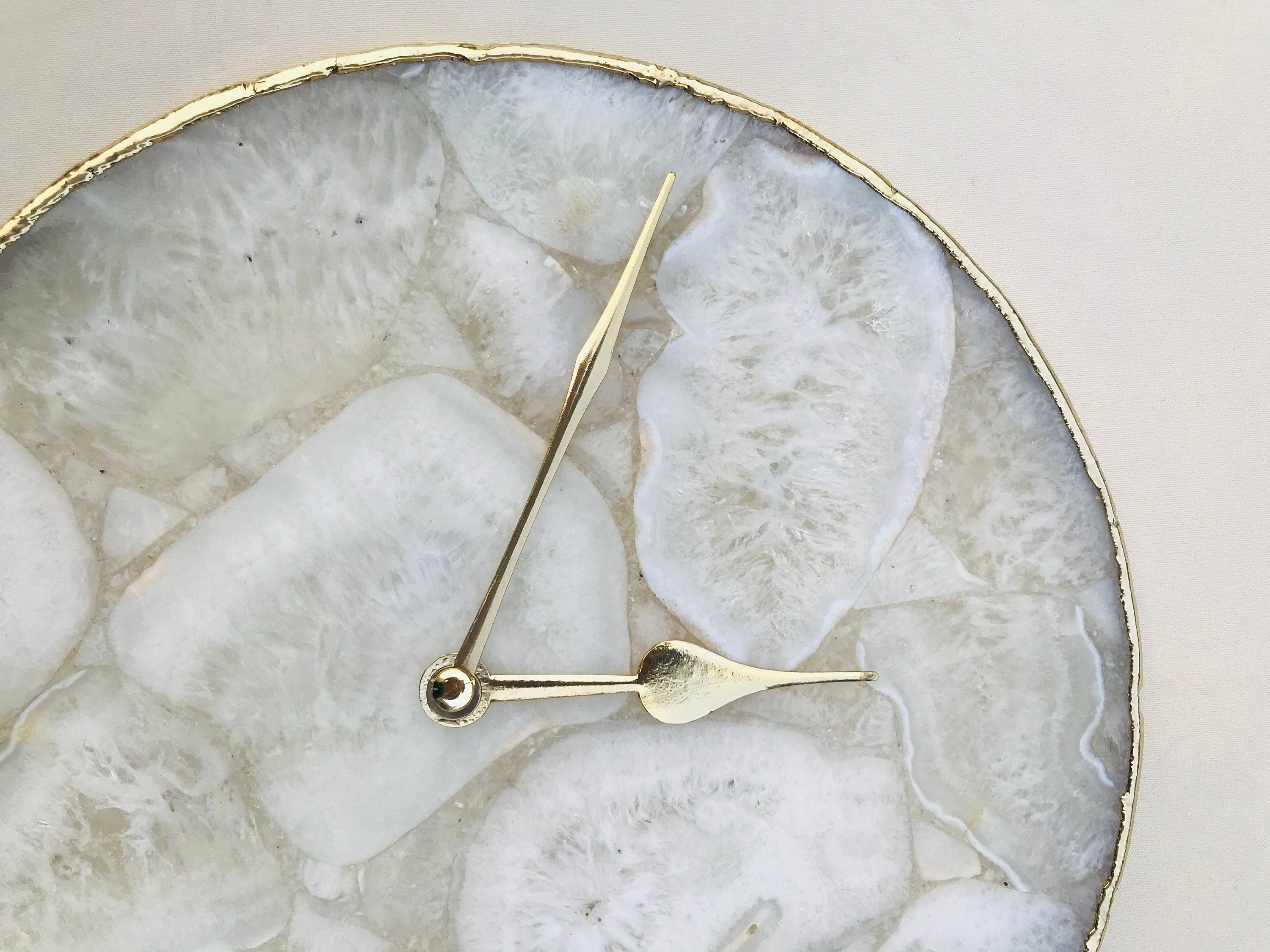 10 inch round white crystal agate wall clock with metallic gold edges and brass hands — view 2