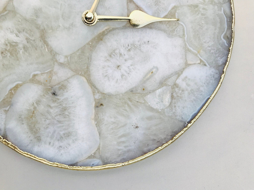 10 inch round white crystal agate wall clock with metallic gold edges and brass hands — view 3
