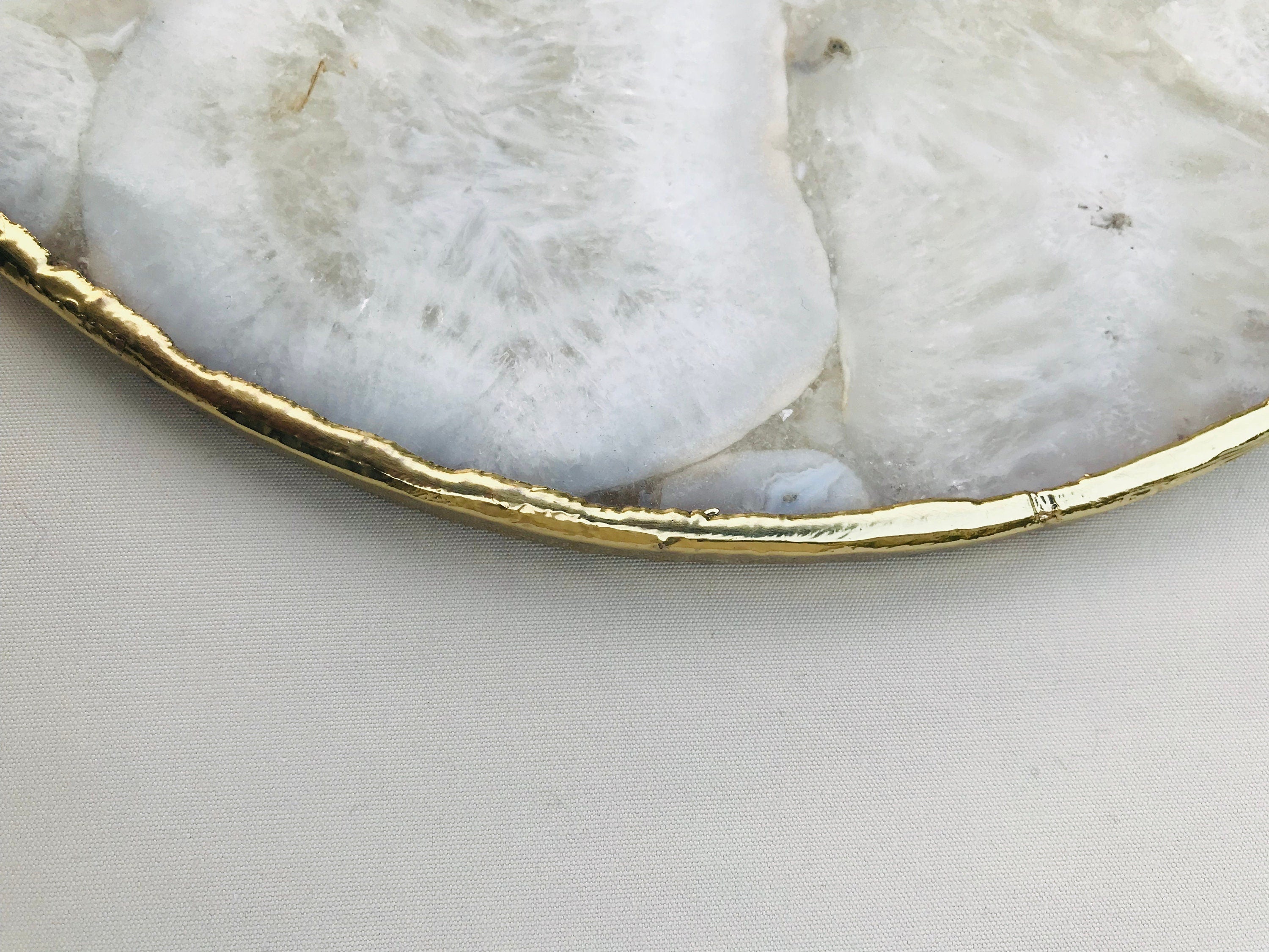 10 inch round white crystal agate wall clock with metallic gold edges and brass hands — view 5
