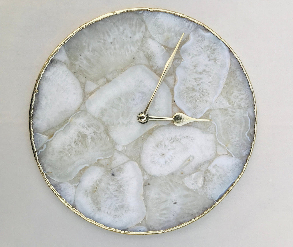 10 inch round white crystal agate wall clock with metallic gold edges and brass hands