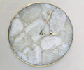 10 inch round white crystal agate wall clock with metallic gold edges and brass hands