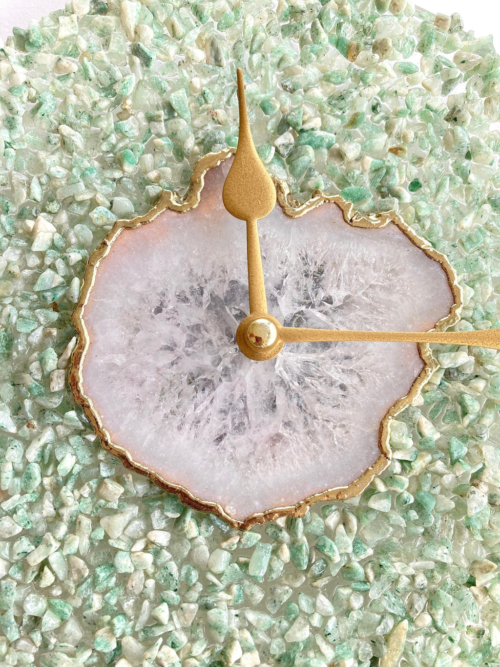 Green crystal and white agate 10-inch round wall clock with gold edges and brass hands — view 3