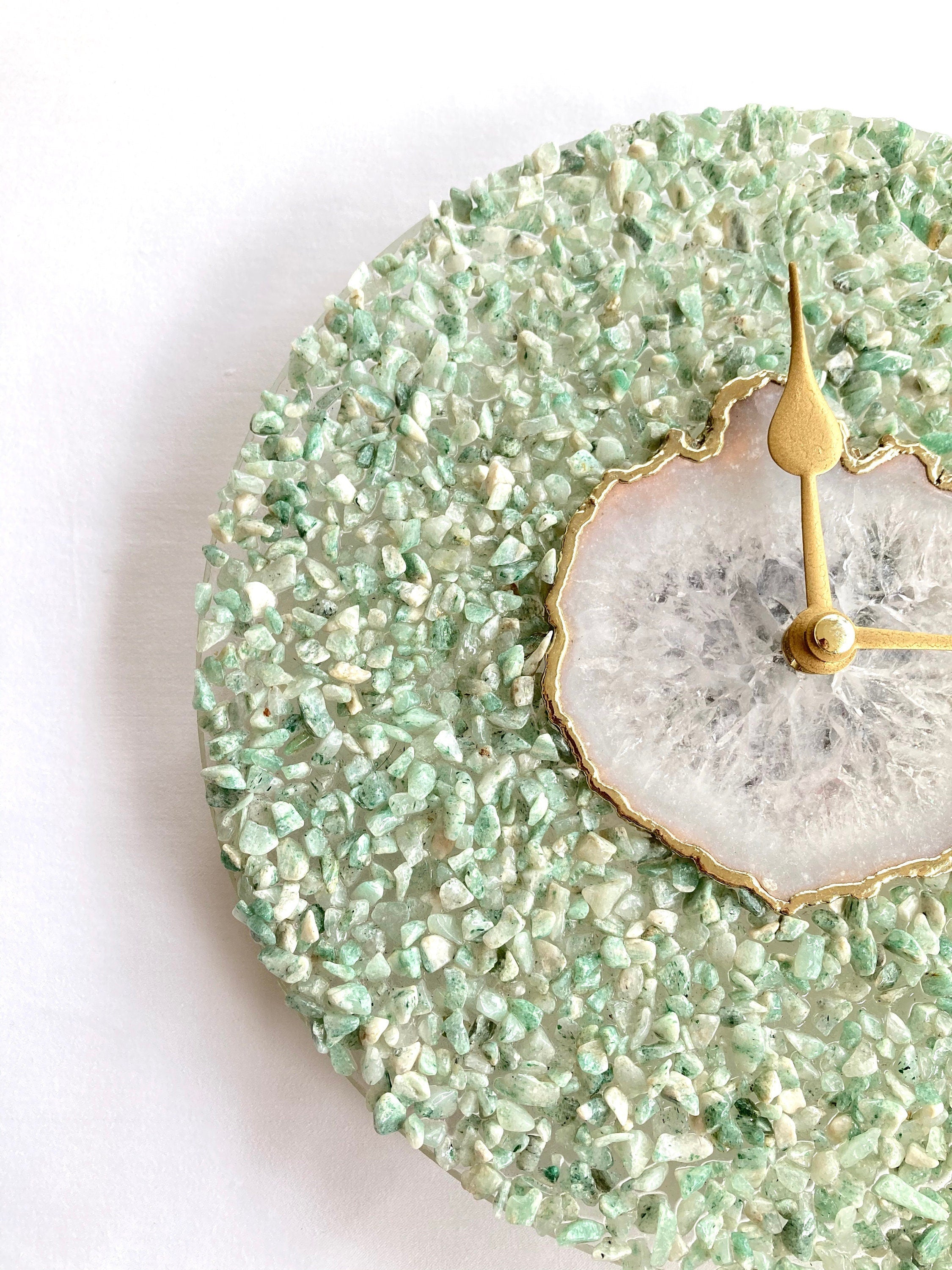 Green crystal and white agate 10-inch round wall clock with gold edges and brass hands — view 2