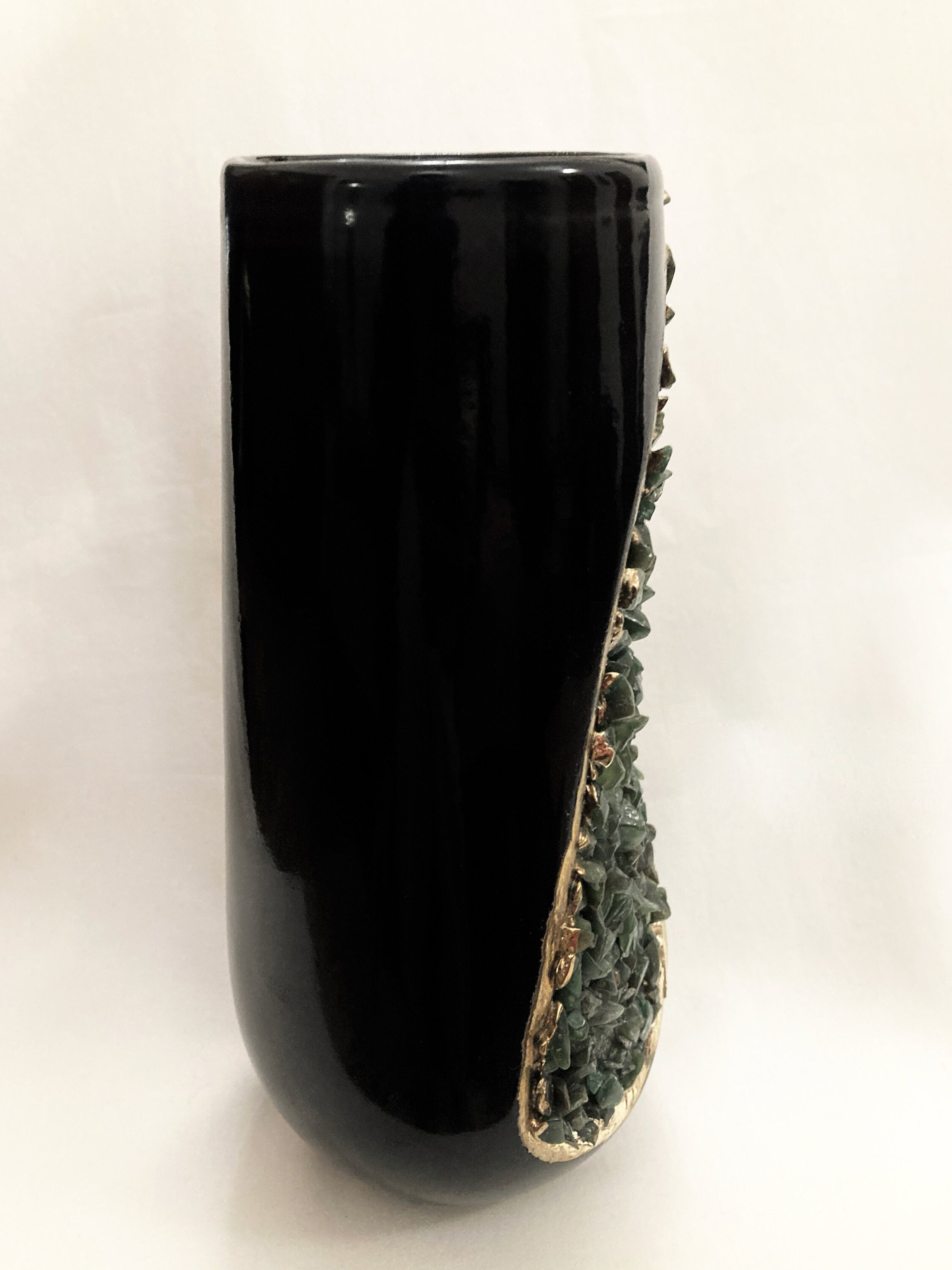 Set of two black ceramic vases featuring electroplated details and natural agate crystal stone accents — view 5