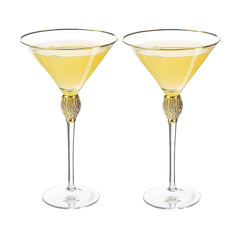 Diamond collection two piece stemmed martini glasses set featuring gold rims and crystal embellished centerpieces