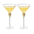 Diamond collection two piece stemmed martini glasses set featuring gold rims and crystal embellished centerpieces