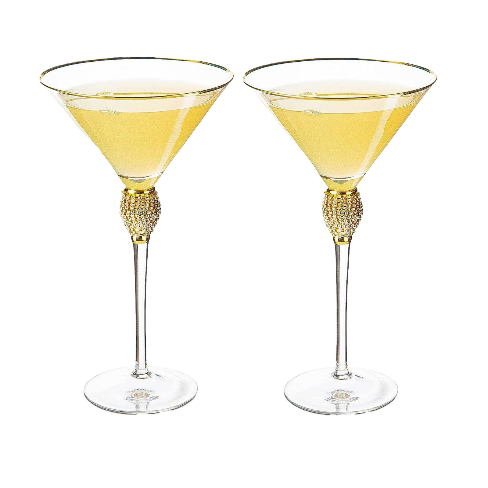 Diamond collection two piece stemmed martini glasses set featuring gold rims and crystal embellished centerpieces