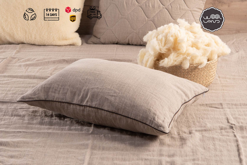 Natural linen bed pillow with premium merino wool filling and adjustable inner cotton casing