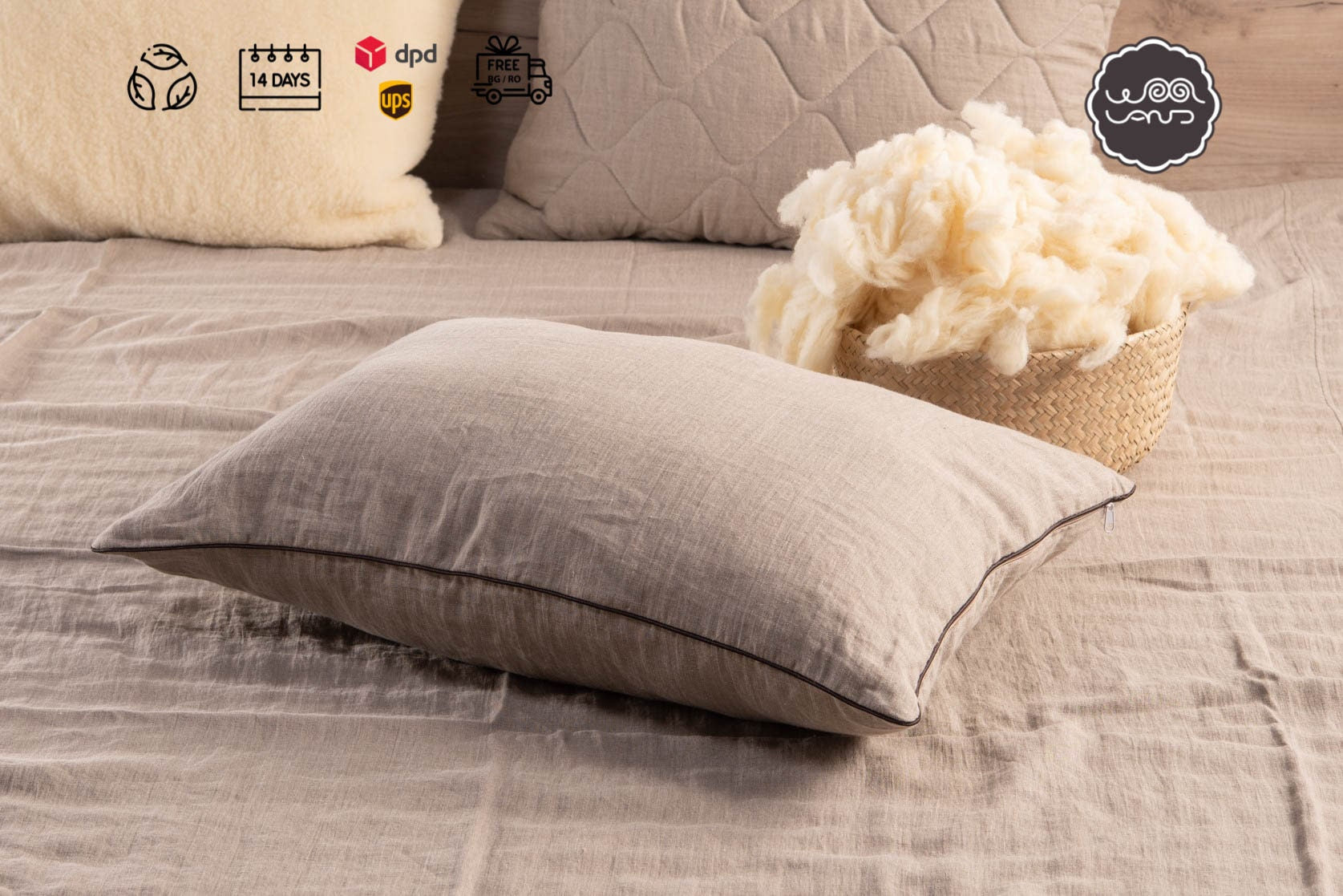 Natural linen bed pillow with premium merino wool filling and adjustable inner cotton casing