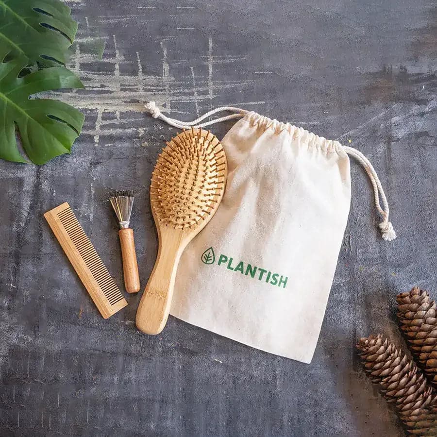 Bamboo hair brush set with comb cleaner and reusable travel bag for natural hair care styling